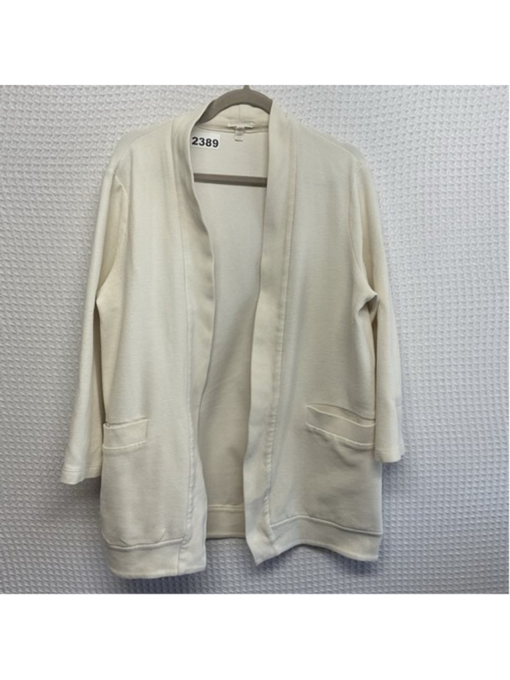Eileen Fisher Ivory Cotton Blend Pockets Open Front Cardigan Women M